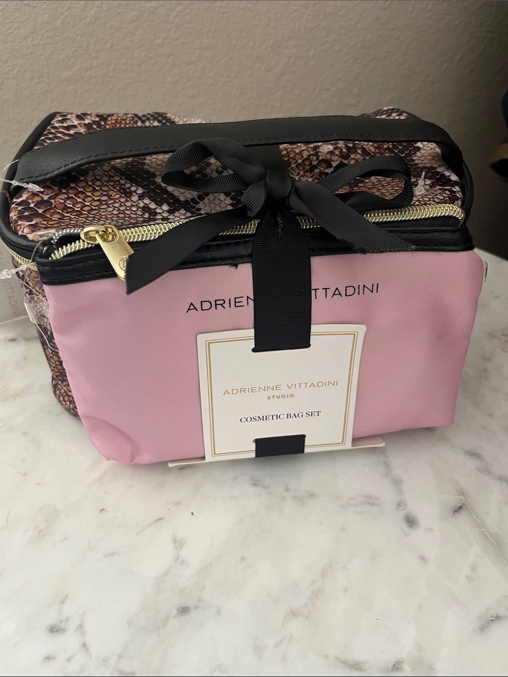Adrienne Vittadini Snake-Print and Pink Cosmetic 2 piece Bag Set
